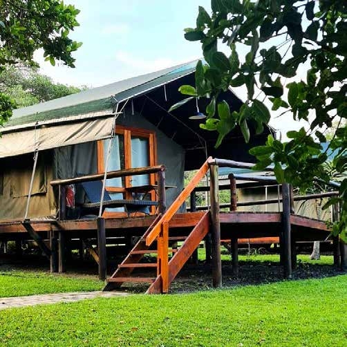 Safari tent exterior on wooden deck – Kingfisher Lakeside Retreat KZN South Coast